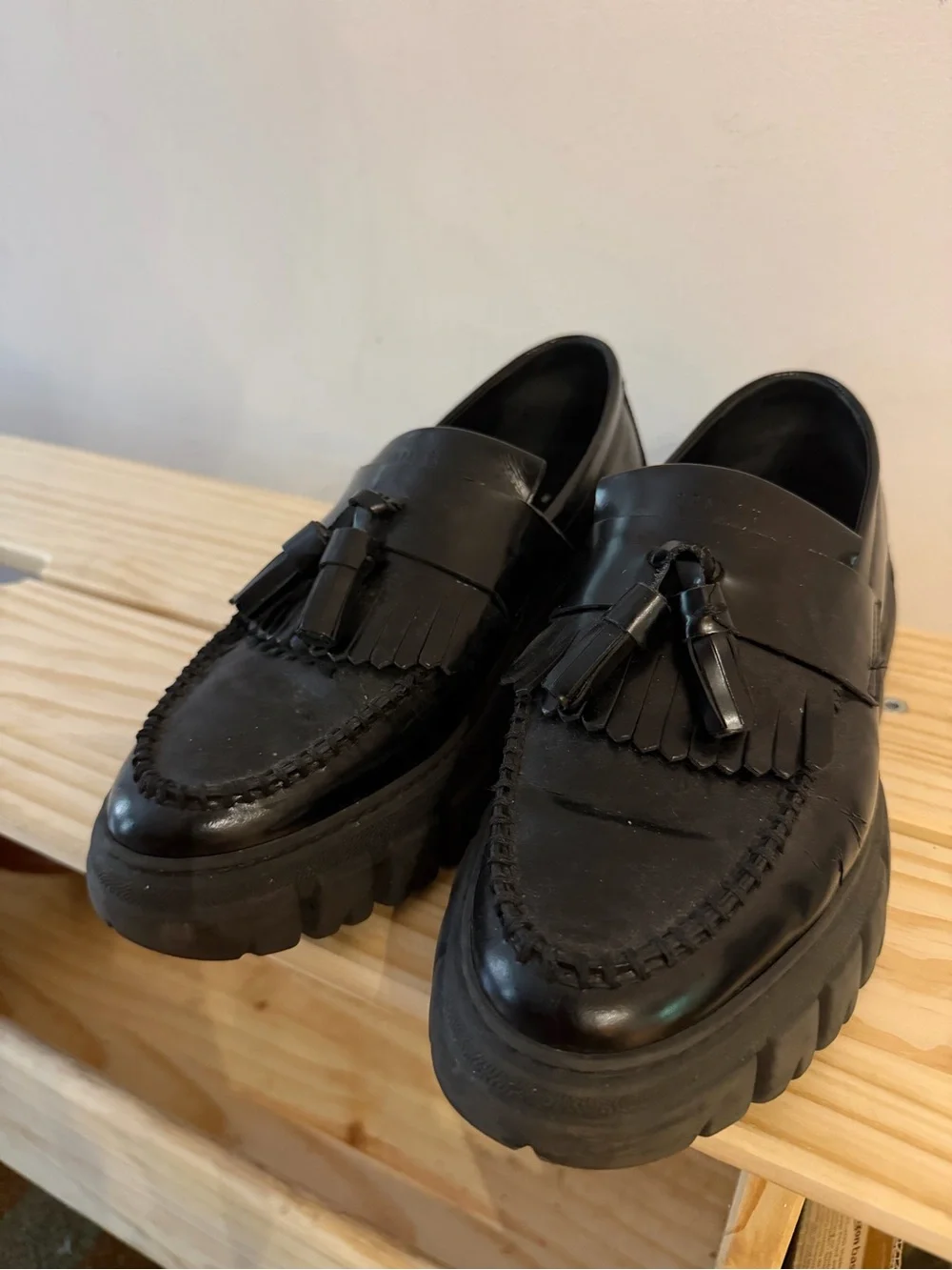 Copenhagen Studios Black Tassel Kiltie Loafers — Women's Chunky Sole Flats